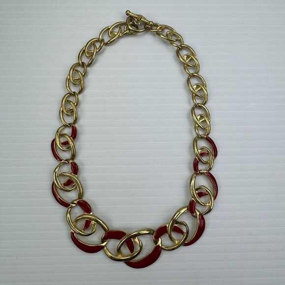 Vintage Necklace Red Enamel Gold Tone Chain Link Choker 80s Glamour 17" - Picture 9 of 9